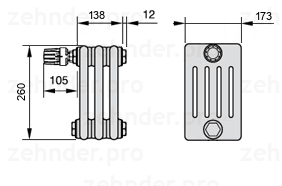 Схема (чертеж) Радиатор Zehnder Charleston 5026/3 №V011 Белый глянцевый RAL 9016